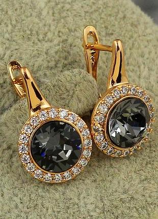 Серьги xuping jewelry сваровски романс с черными камнями 2 см золотистые love-shopping