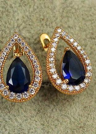Серьги xuping jewelry капля с синим камнем в окантовке 1,8 см золотистые love-shopping