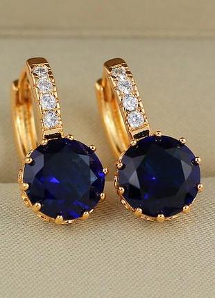 Серьги xuping jewelry с большим синим камнем и круглой застежкой 2 см золотистые love-shopping