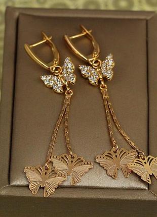 Серьги подвески хuping jewelry три бабочки 6 см золотистые love-shopping