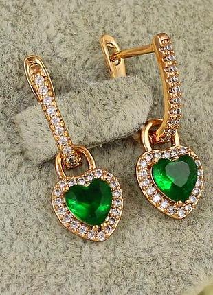 Серьги подвески xuping jewelry cъемное сердечко с зеленым камнем 2,5 см золотистые love-shopping