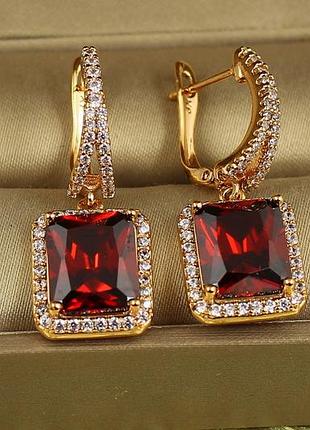 Сережки підвіски xuping jewelry авангард з червоним каменем 3 см золотисті love-shopping