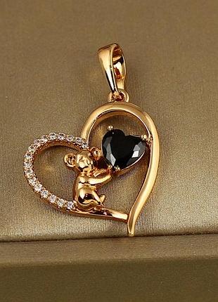 Кулон xuping jewelry сердце коалы с черным камнем 2,2 см золотистый love-shopping