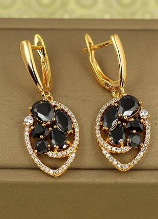 Сережки підвіски xuping jewelry неонова ніч з чорними каменями 3.4 см золотисті love-shopping