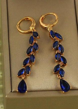 Сережки xuping jewelry тополиний пух із синіми каменями 5,5 см золотисті love-shopping