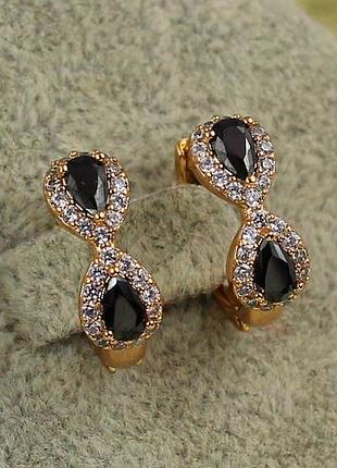 Серьги xuping jewelry две капельки с черными камнями 1.5 см золотистые love-shopping