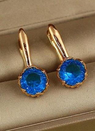 Серьги xuping jewelry величавая простота с голубым камнем 2.3 см золотистые love-shopping