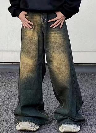Джинсы подростковые wide leg baggy 150–160 см (13y) серые вареные с потертостями трендовые