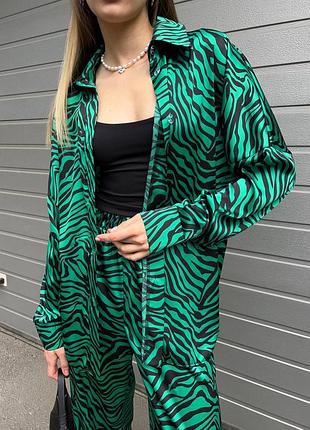 Костюм жіночий шовковий сорочка штани  зелений оверсайз s m l xl батал 6xl стильний / костюм женский шелковый рубашка брюки оверсайз