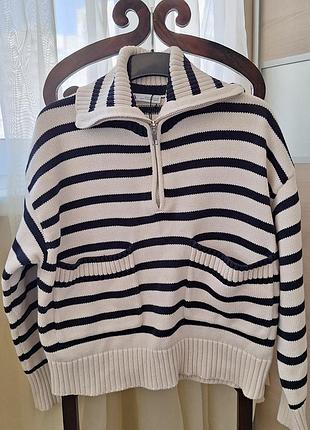 Смугастий светр з високим коміром на змійці zara 5755/031/104/m чорний/білий