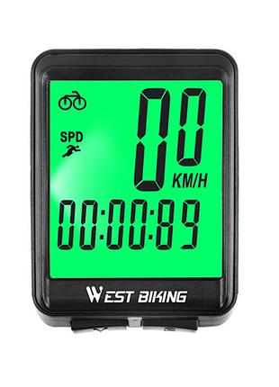 Проводной велокомпьютер west biking 0702054 green велоспидометр с большим экраном подсветкой 8шт