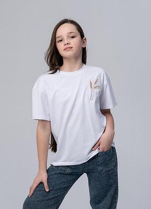 Футболка оверсайз для девочки "пшеница" белая 152-158