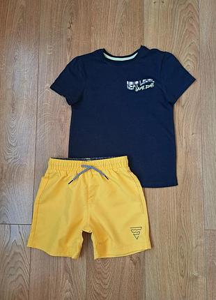 Набор/жёлтые плавки- шорты для мальчика/синяя футболка для мальчика