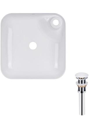 Комплект qtap stork: раковина накладная квадратная 430x430x120 мм white + донный клапан pu02