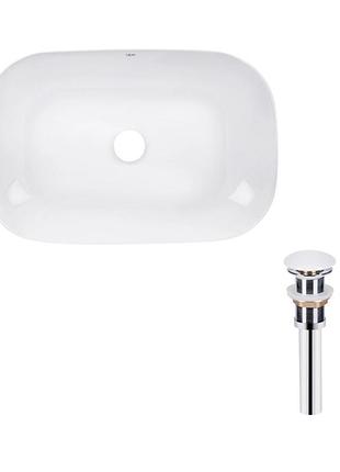 Комплект qtap robin: раковина накладная прямоугольная 610x400x145 мм white + донный клапан pu02