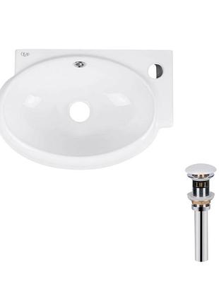 Комплект qtap leo: раковина подвесная овальная правая 430x290x140 мм white + донный клапан pu02o