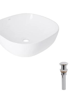Комплект qtap kolibri: раковина накладная 425x425x140 мм, white, квадратная + донный клапан pop-up pu02