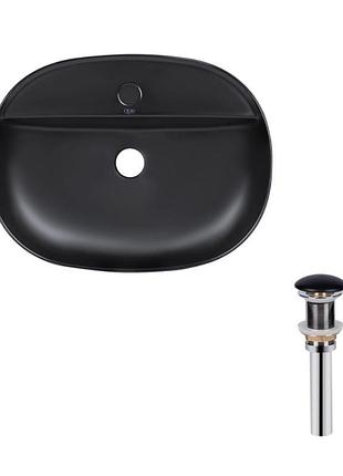 Комплект qtap scorpio: раковина накладная овальная 505x385x120 мм matt black + донный клапан pu03