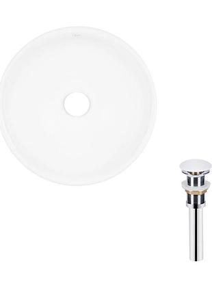 Комплект qtap owl: раковина накладная круглая 400х400х155 мм white + донный клапан pu02