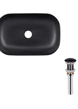 Комплект qtap robin: раковина накладная прямоугольная 610x400x145 мм matt black + донный клапан pu03