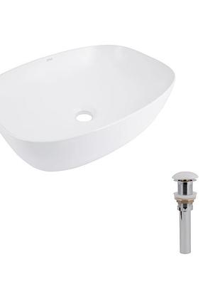 Комплект qtap cardinal: раковина накладная 600x380x140 мм, white, овальная + донный клапан pop-up pu02