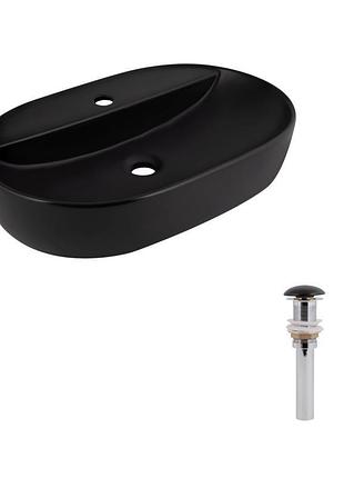 Комплект qtap scorpio: раковина накладная 600x400x120 мм, matt black, овальная + донный клапан pop-up pu03