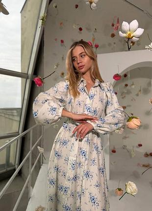 Нежное платье из муслин-твила с цветочным принтом 🌸 акцент на талии, 42-48, молочный/коралловый/голубой (741