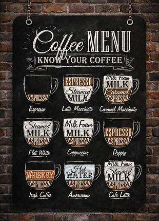 Металлическая винтажная табличка кофейное меню coffee menu 14х20 см