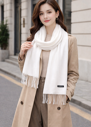 Женская шаль cashmere с бахромой. 200*35см белая