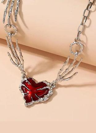 Кольє женское с красным сердцем fashion jewelry серебристое