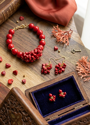Браслет и серьги из коралла