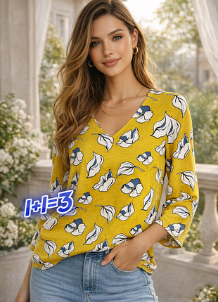 1+1=3 брендовая горчичная блузка в цветочный принт hobbs, размер 48 - 50