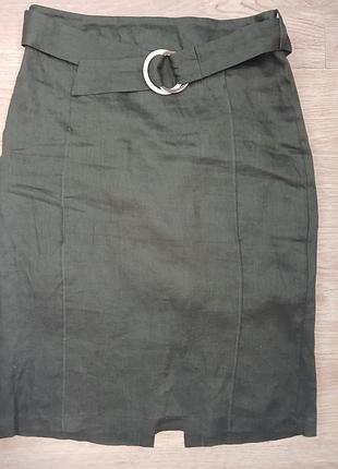 🌿 льняна спідниця zara хакі з поясом
