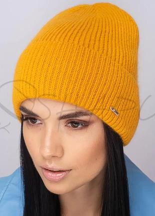 Шапка ангоровая женская с отворотом шапочка утепленная флисовой подкладкой leks графиня янтарный
