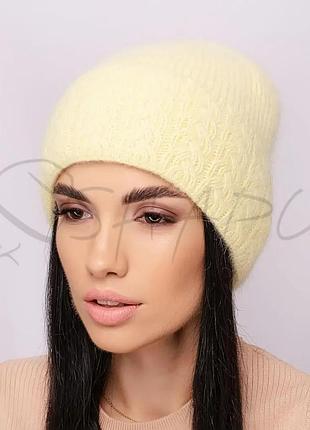 Шапка ангоровая женская круглая по голове с узором на отвороте leks кабаре светло-желтый