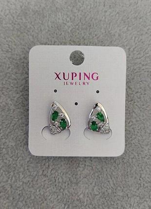 Серьги xuping с зелеными камнями 10х16мм родий