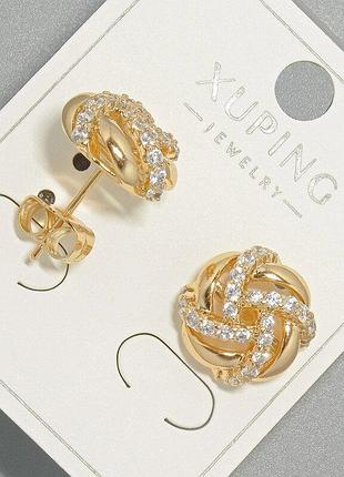 Серьги пусеты xuping с белыми стразами d-12,5мм+- позолота 18к