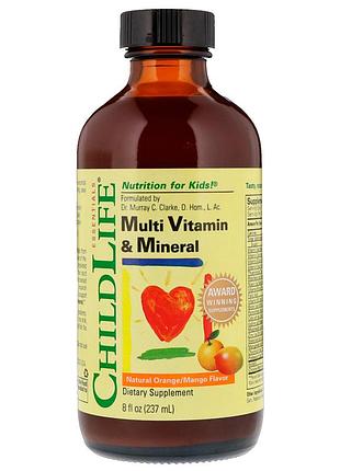 Жидкие мультивитамины для детей, вкус апельсин-манго, multi vitamin & mineral, childlife, 237 мл