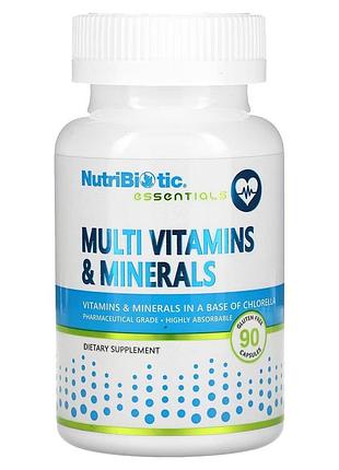 Мультивитамины и минералы essentials, multi vitamins & minerals, nutribiotic — с хлореллой и хелатными минералами, 90 капсул