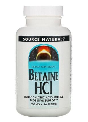 Бетаин hci 650 мг, source naturals — с пепсином для желудка и пищеварения, 90 таблеток