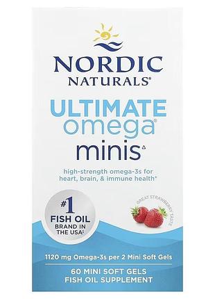 Рыбий жир, омега-3, 1120 мг на порцию, вкус клубники, ultimate omega minis, nordic naturals, 60 мини капсул