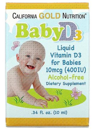Дитячий вітамін d3 400 мо, baby vitamin d3 liquid, california gold nutrition, 10 мл