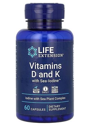 Витамин d и k с морским йодом, vitamins d and k with sea-iodine, life extension, 60 капсул
