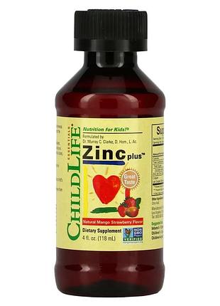 Жидкий цинк для детей, вкус манго и клубники, zinc plus, childlife, 118 мл