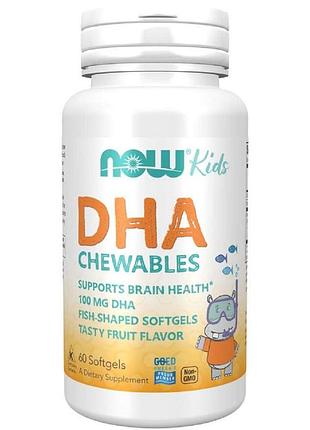 Рыбий жир для детей, 100 мг, вкус фруктов, kid's dha, now foods, 60 жевательных конфет