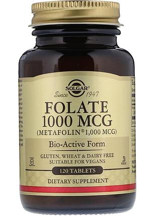 Фолиевая кислота, 1000 мкг, folate, solgar, фолат, 120 таблеток