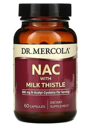 Nac з розторопшою, 500 мг, nac with milk thistle, dr. mercola — з броколі для печінки та антиоксидантного захисту, 60 капсул