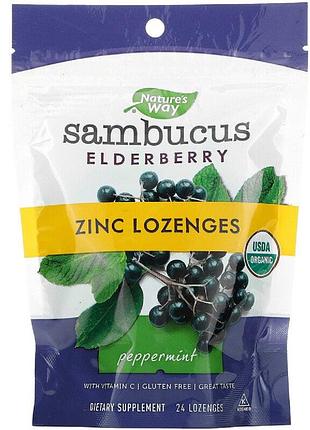 Льодяники бузини з цинком, смак м'яти, sambucus, zinc lozenges, peppermint, nature's way, 24 льодяника