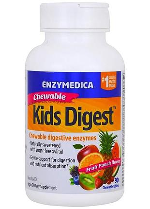 Травні ферменти для дітей kids digest, enzymedica — фруктовий смак, для шкт і імунітету, 90 жувальних таблеток