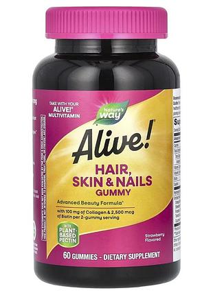 Здоров'я волосся, шкіри та нігтів, смак полуниці, alive! hair, skin & nails, nature's way, 60 жувальних цукерок